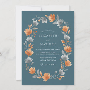 Invitation Mariage aquarelle floral bleu acier orange