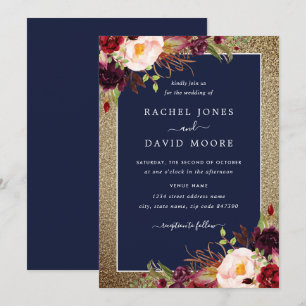 Invitation Mariage aquarelle floral Bordeaux or