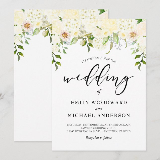Invitation Mariage aquarelle floral crème ivoire romantique (Devant / Derrière)