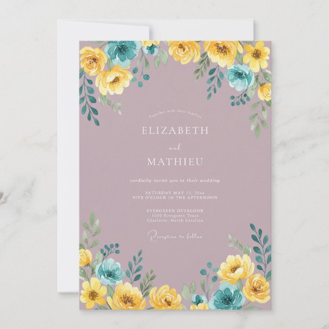 Invitation Mariage aquarelle floral mauve jaune sarcelle (Devant)