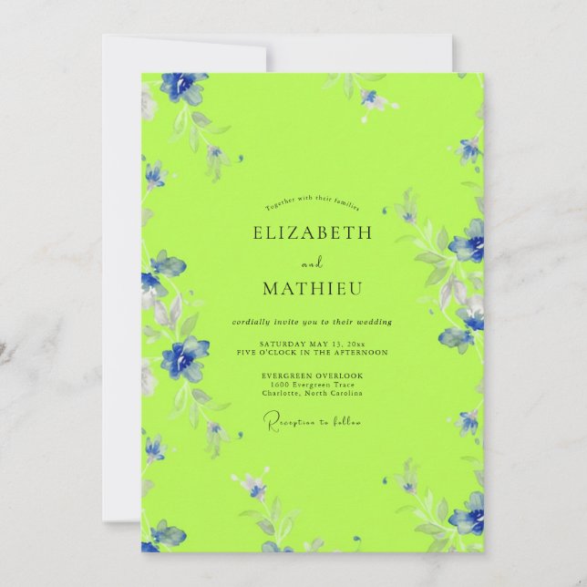 Invitation Mariage aquarelle floral vert citron (Devant)