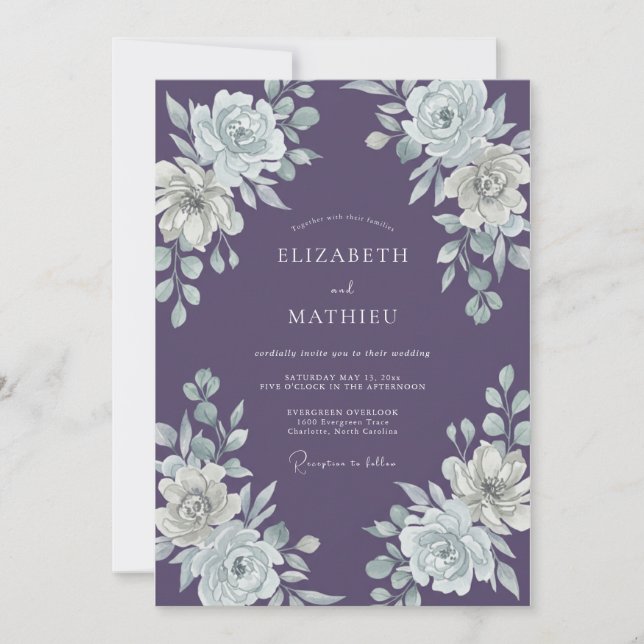 Invitation Mariage aquarelle florale blanc lavande (Devant)