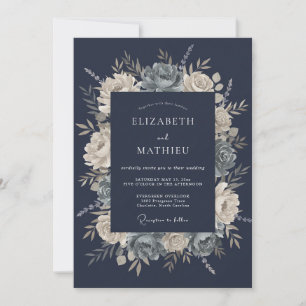Invitation Mariage aquarelle florale bleu ardoise marine