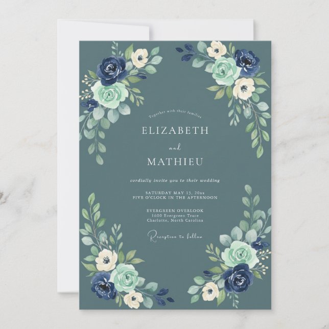 Invitation Mariage aquarelle florale bleu ardoise marine (Devant)