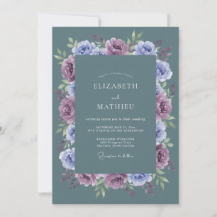 Invitation Mariage aquarelle florale bleu ardoise violet