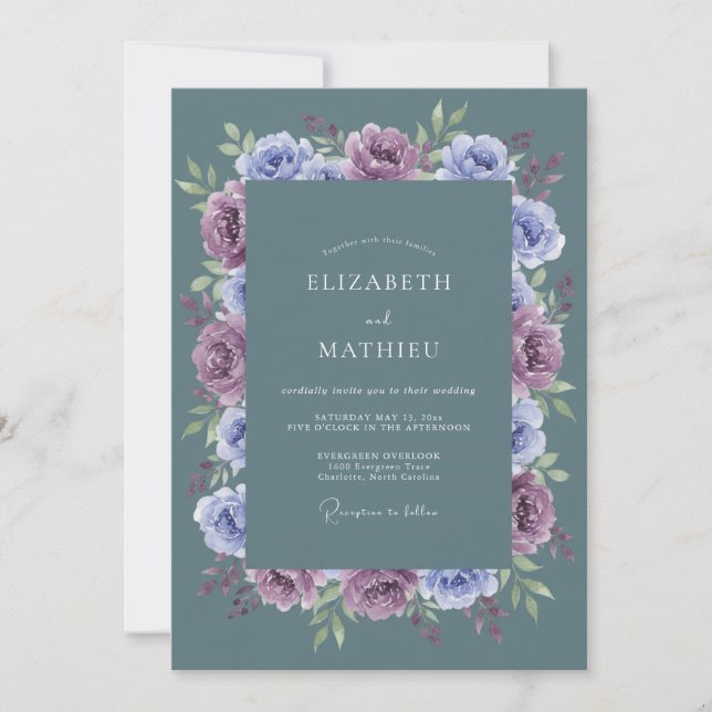 Invitation Mariage aquarelle florale bleu ardoise violet (Devant)