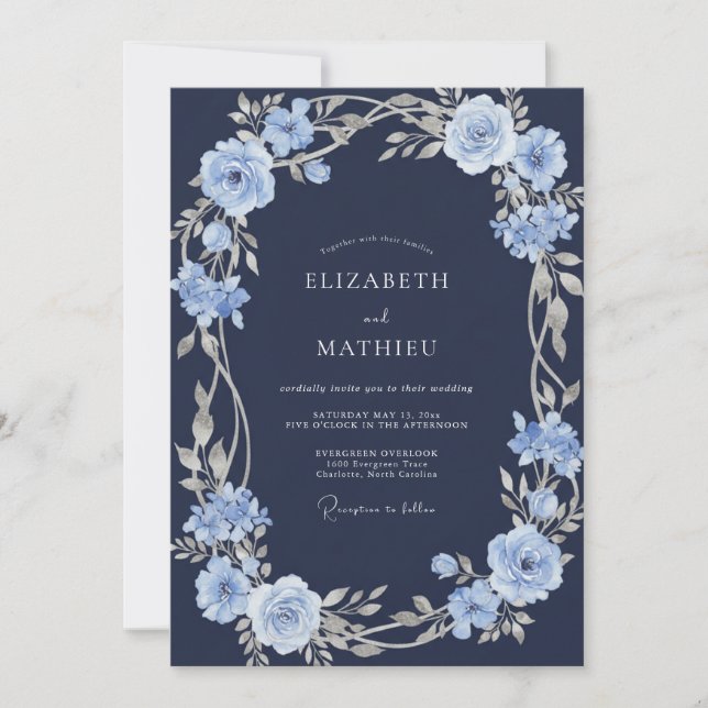 Invitation Mariage aquarelle florale bleu argent Navy (Devant)