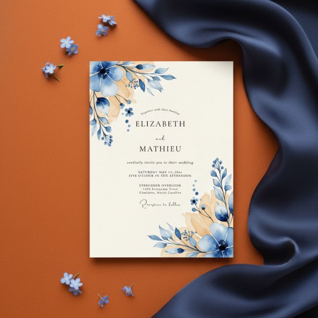 Invitation Mariage aquarelle florale bleu et or (Créateur téléchargé)