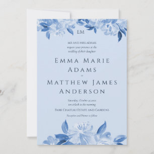 Invitation Mariage aquarelle florale bleu foncé fantaisiste
