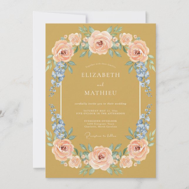 Invitation Mariage aquarelle florale bleu pêche doré (Devant)