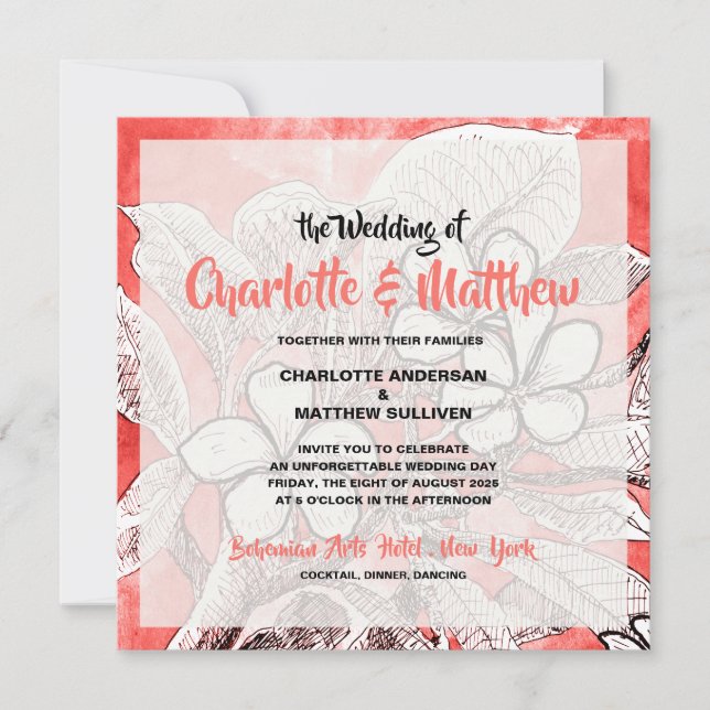 Invitation Mariage aquarelle florale bohème rose corail (Devant)