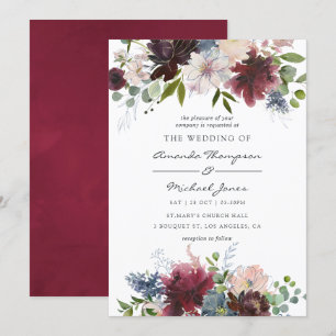 Invitation Mariage aquarelle florale bordeaux et marine