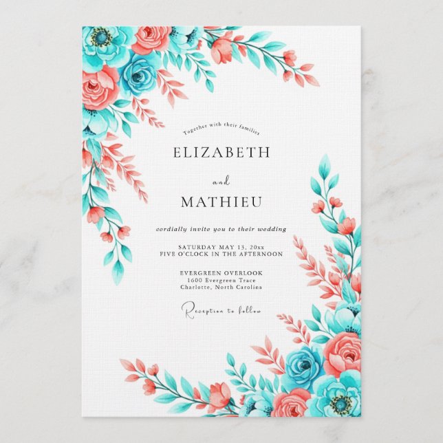Invitation Mariage aquarelle florale corail sarcelle (Devant)