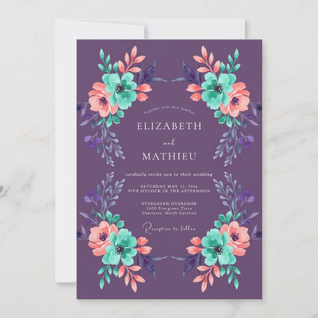 Invitation Mariage aquarelle florale corail sarcelle prune (Devant)