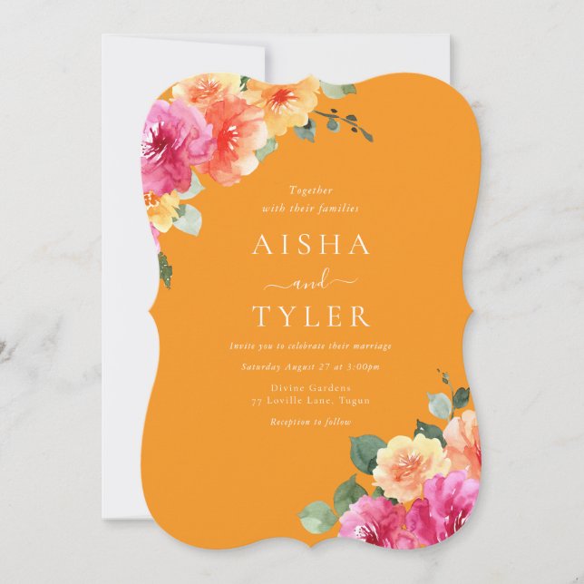Invitation Mariage aquarelle florale Coucher de soleil vibran (Devant)