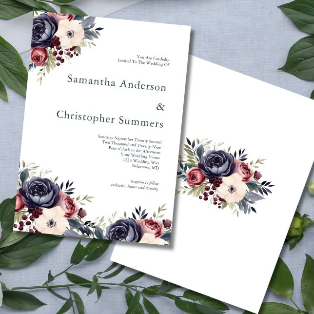 Invitation Mariage aquarelle florale crème et marine Bourgogn (Burgundy Navy Cream Watercolor Florals Elegant Wedding Invitation. Printed or Digital Download)