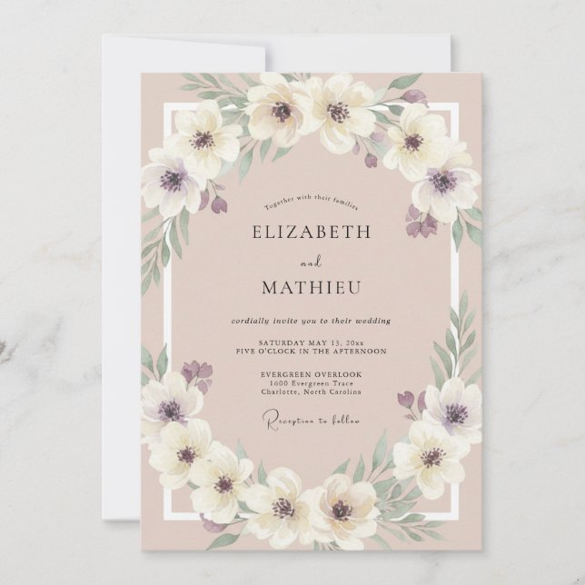 Invitation Mariage Aquarelle Florale Crème Rosée (Devant)