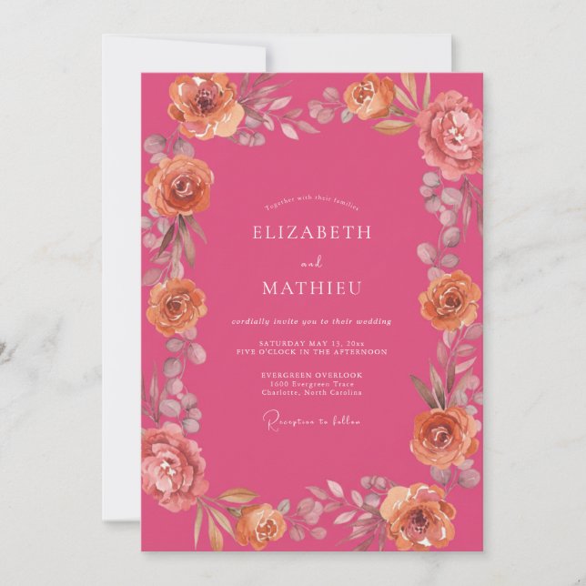Invitation Mariage Aquarelle Florale Fuchsia Pêche (Devant)