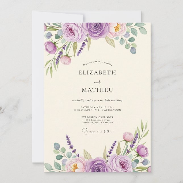 Invitation Mariage aquarelle florale lavande (Devant)