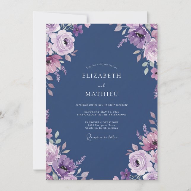 Invitation Mariage aquarelle florale lilas marine (Devant)
