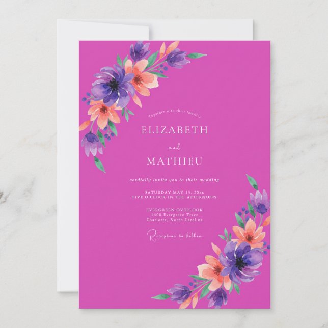 Invitation Mariage Aquarelle Florale Magenta Violet (Devant)