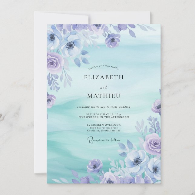 Invitation Mariage aquarelle florale myosotis (Devant)