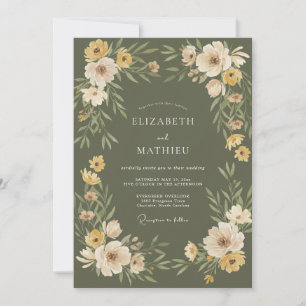 Invitation Mariage Aquarelle Florale Or et Vert Olive