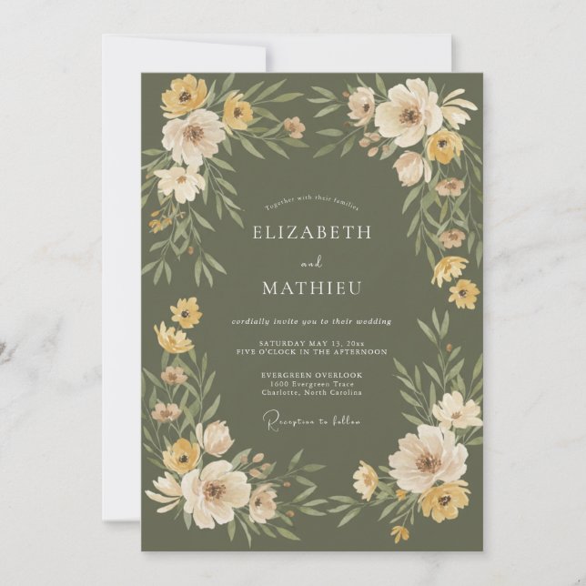 Invitation Mariage Aquarelle Florale Or et Vert Olive (Devant)