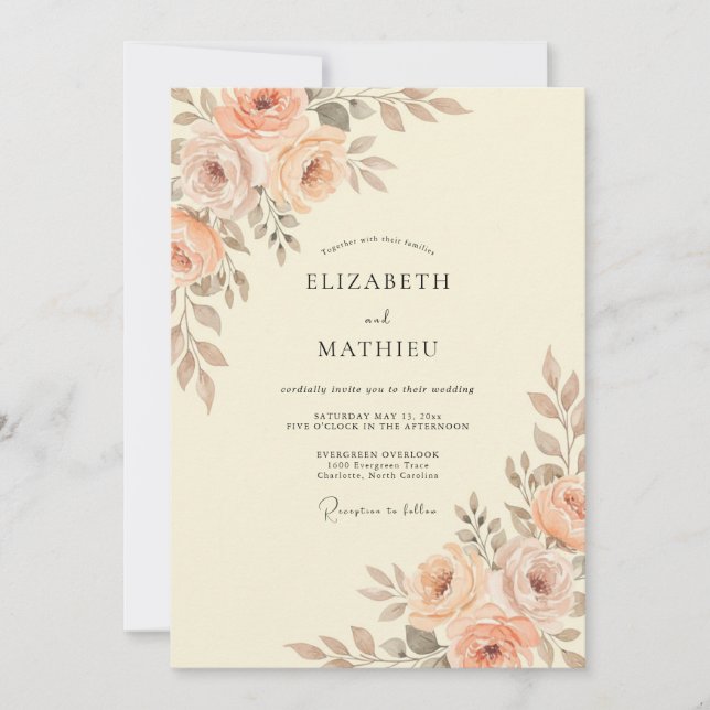 Invitation Mariage aquarelle florale pêche champagne (Devant)