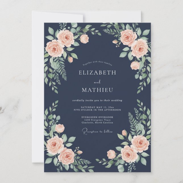 Invitation Mariage aquarelle florale pêche marine (Devant)
