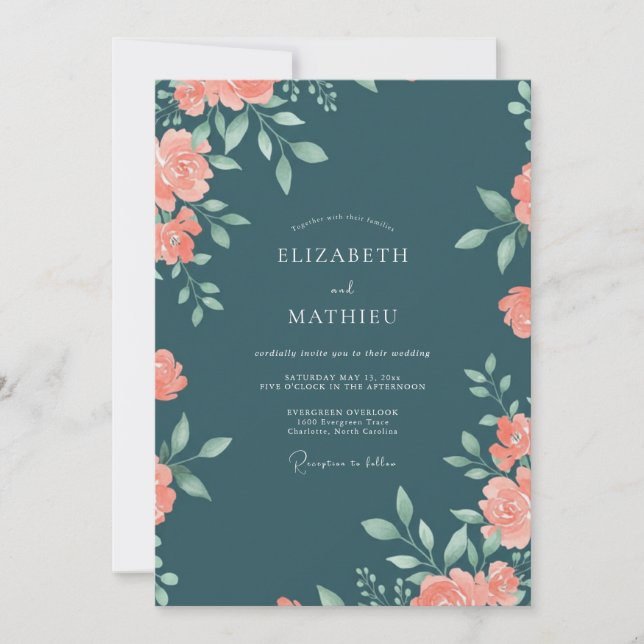 Invitation Mariage aquarelle florale pêche sarcelle foncée (Devant)