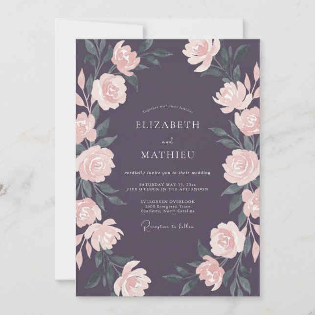 Invitation Mariage aquarelle florale prune profond (Devant)