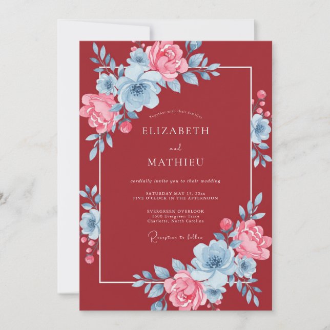 Invitation Mariage aquarelle florale rose bleu rubis (Devant)