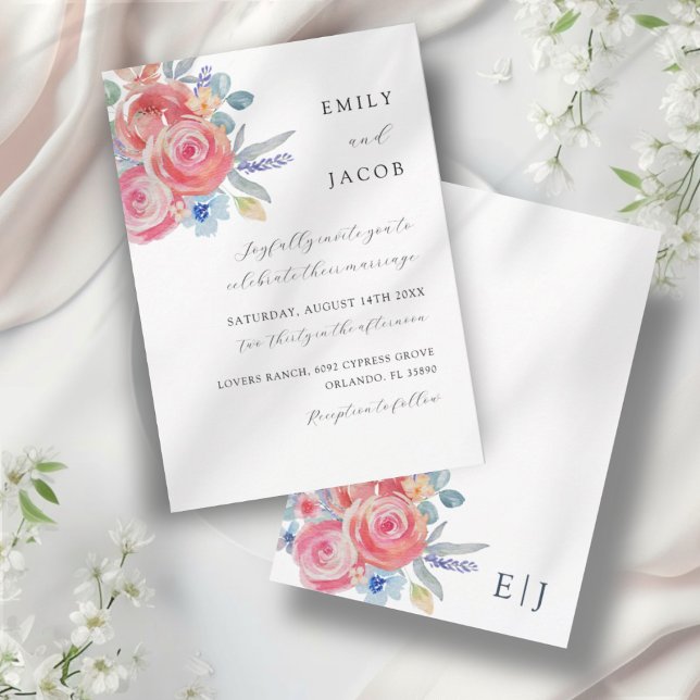 Invitation Mariage aquarelle florale rose moderne (Créateur téléchargé)