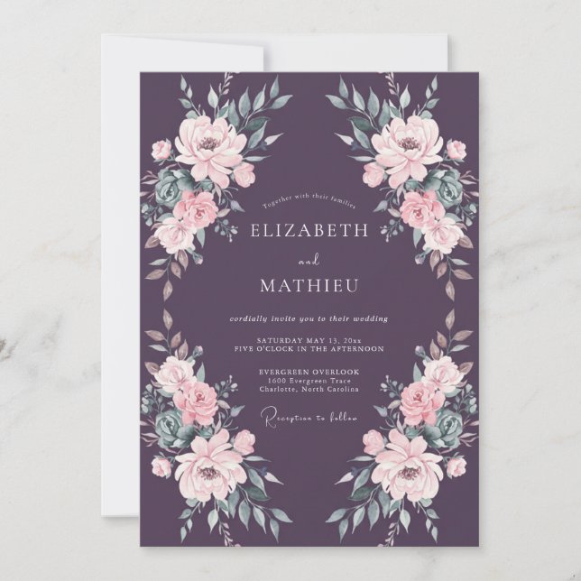 Invitation Mariage Aquarelle Florale Rouge Foncé (Devant)