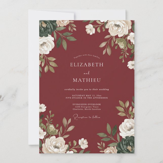 Invitation Mariage aquarelle florale rouge profond (Devant)