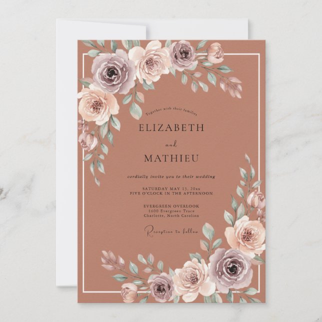 Invitation Mariage aquarelle florale rouille (Devant)
