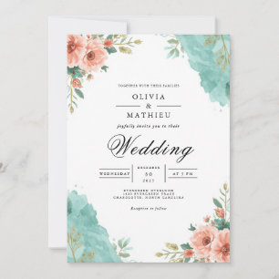 Invitation Mariage aquarelle florale sarcelle corail