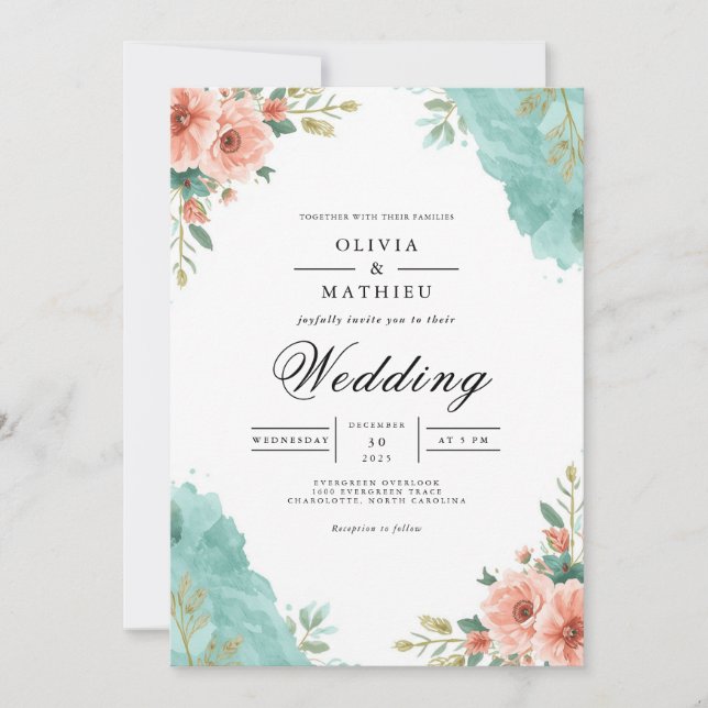 Invitation Mariage aquarelle florale sarcelle corail (Devant)