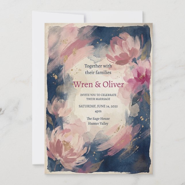 Invitation Mariage aquarelle florale sombre (Devant)
