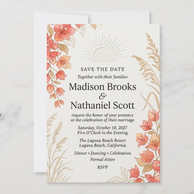 Invitation Mariage aquarelle florale terracotta et coucher de (Devant)
