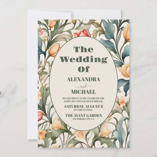 Invitation Mariage aquarelle florale tulipes William Morris (Devant)