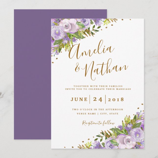 Invitation Mariage aquarelle florale violette or (Devant / Derrière)