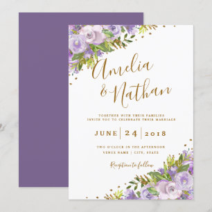 Invitation Mariage aquarelle florale violette or