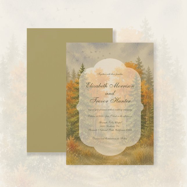 Invitation Mariage aquarelle forêt automnale rustique (Fall Forest Pine Trees Landscape Watercolor Wedding.)
