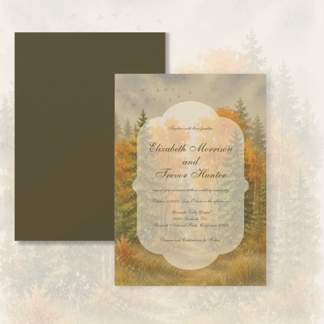Invitation Mariage aquarelle forêt rustique d'automne (Autumn Forest Pine Trees Mountains - Wedding Invitations)