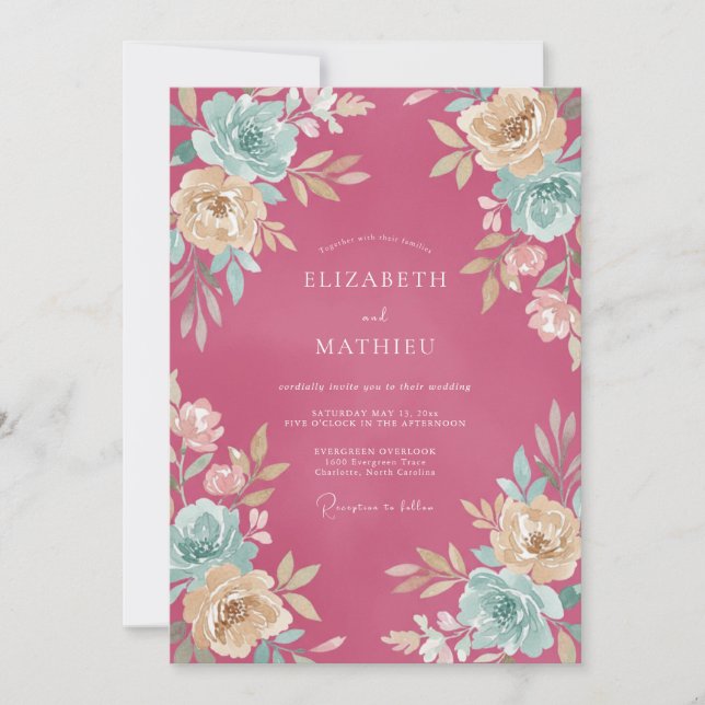 Invitation Mariage aquarelle framboise luxuriant (Devant)