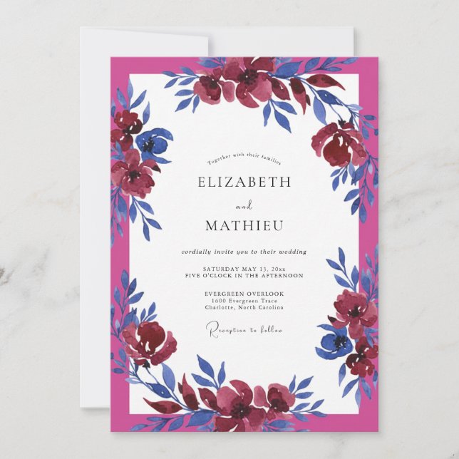 Invitation Mariage aquarelle fuchsia cobalt (Devant)