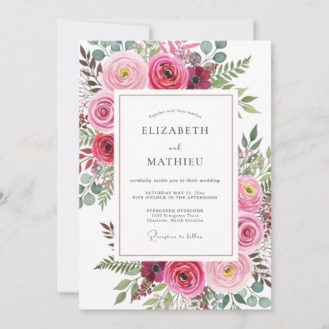Invitation Mariage aquarelle fuchsia intense (Devant)