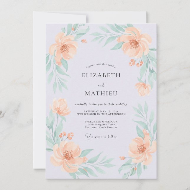 Invitation Mariage aquarelle gracieux pêche (Devant)